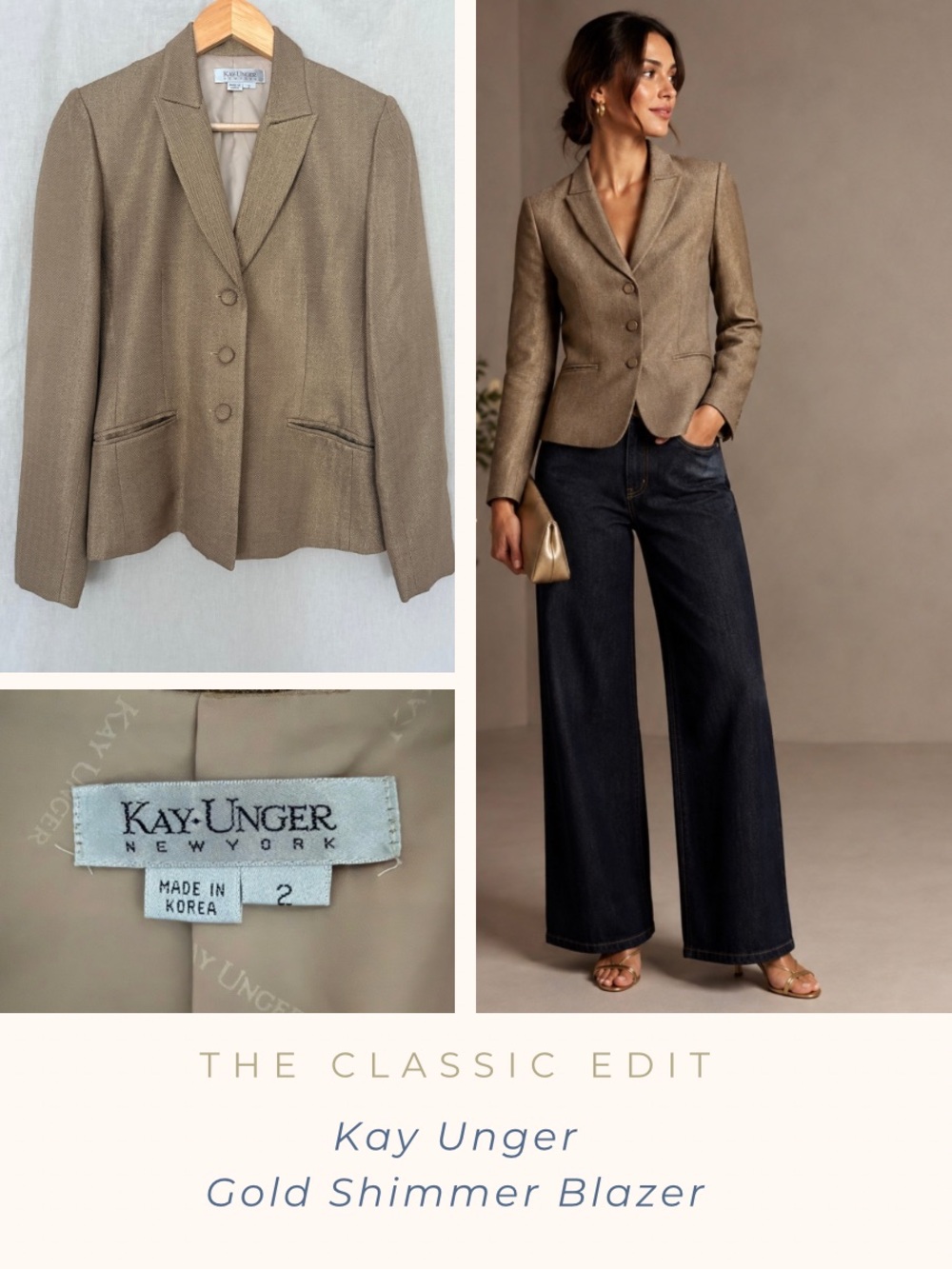Kay Unger Gold Shimmer Blazer | Wool Blend | Metallic